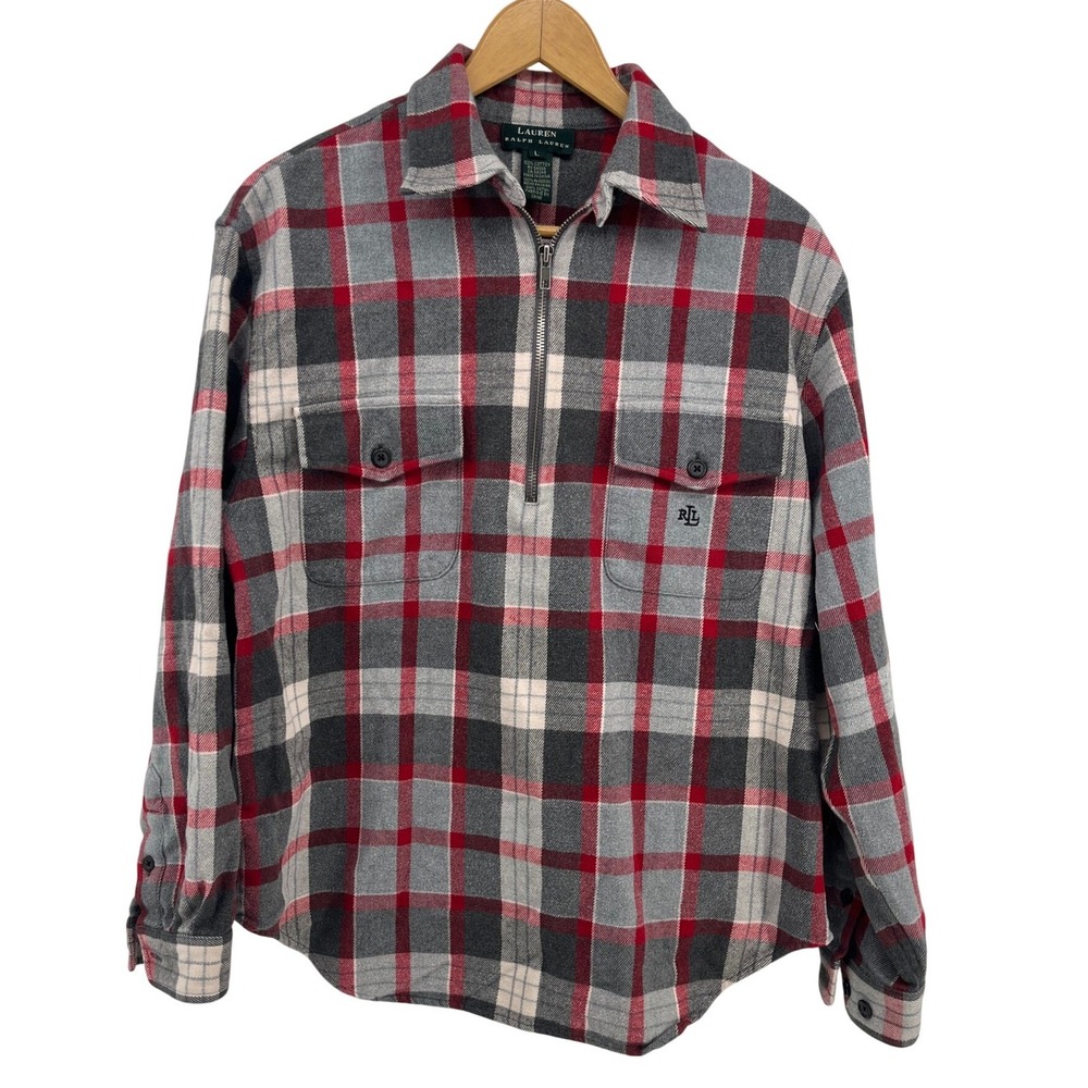 Lauren Ralph Lauren Plaid Flannel Pullover 1/2 Zip Shirt Jacket Women Large